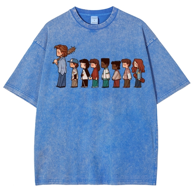 Retro Group & Guitar-Wielding Figure Graphic Washed T-Shirt