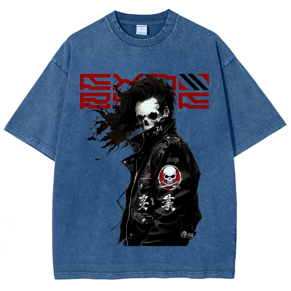 Skull-Visaged Biker Graphic Washed T-Shirt