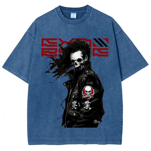 Skull-Visaged Biker Graphic Washed T-Shirt