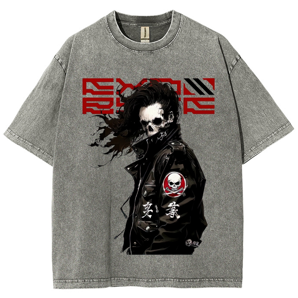 Skull-Visaged Biker Graphic Washed T-Shirt