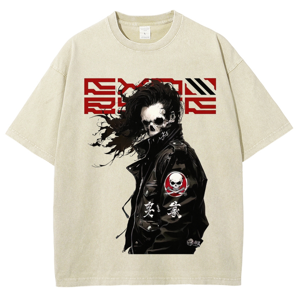 Skull-Visaged Biker Graphic Washed T-Shirt