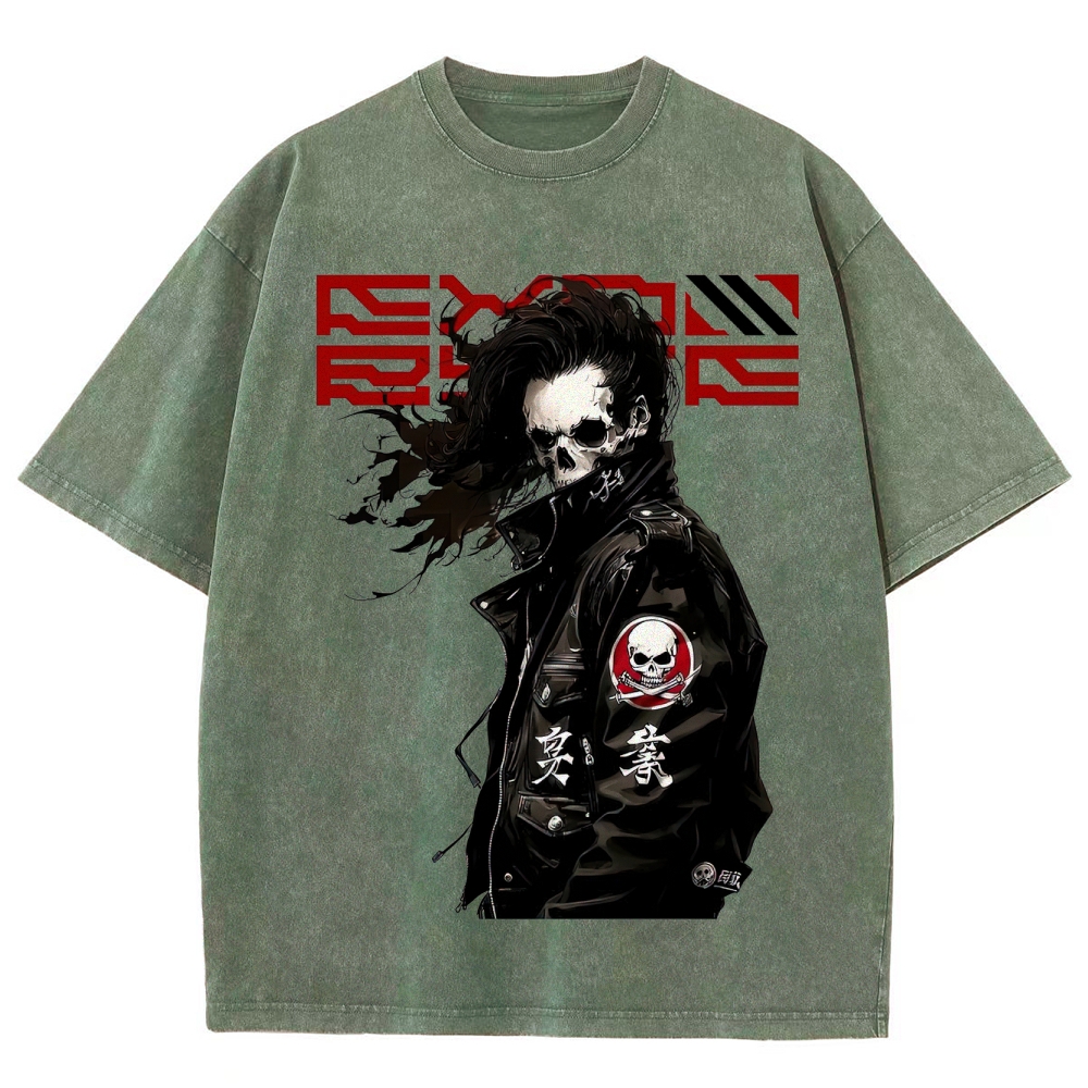 Skull-Visaged Biker Graphic Washed T-Shirt