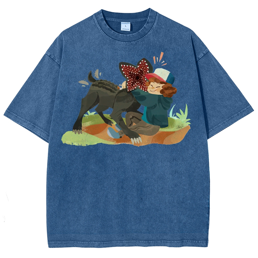 Playful Kid & Spiky Creature Graphic Washed T-Shirt