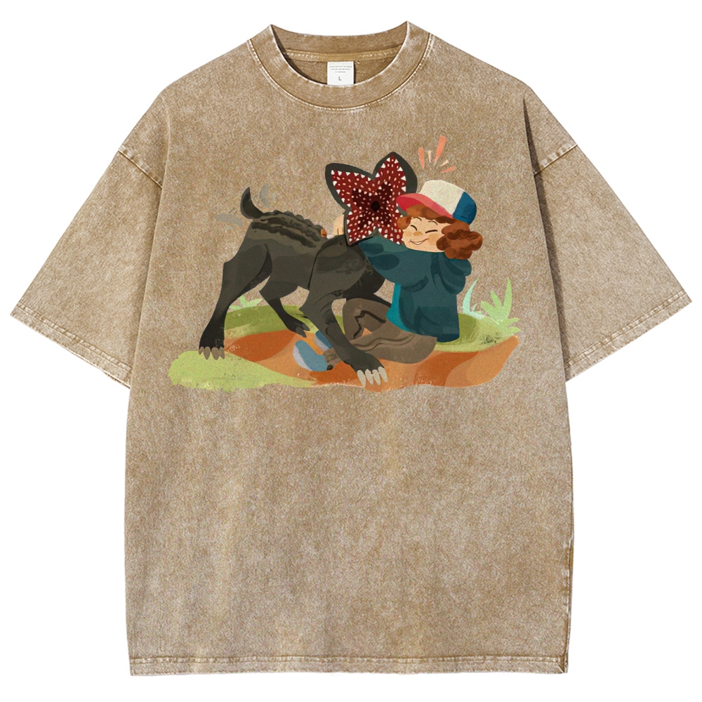 Playful Kid & Spiky Creature Graphic Washed T-Shirt