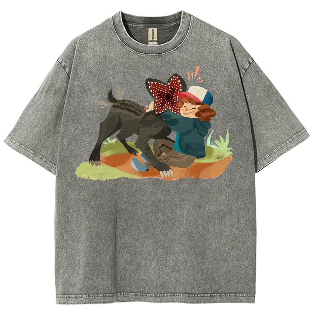 Playful Kid & Spiky Creature Graphic Washed T-Shirt