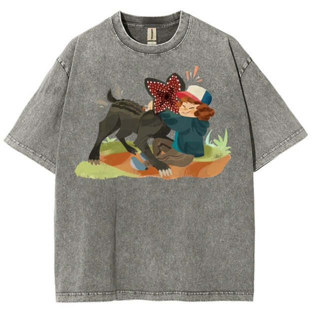 Playful Kid & Spiky Creature Graphic Washed T-Shirt
