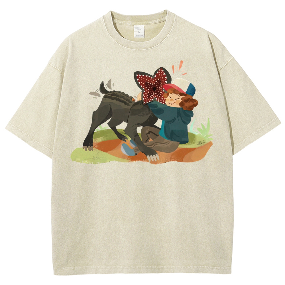 Playful Kid & Spiky Creature Graphic Washed T-Shirt
