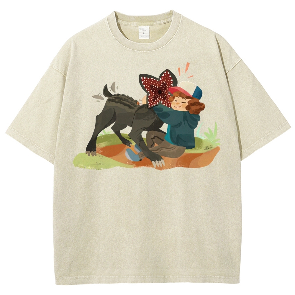 Playful Kid & Spiky Creature Graphic Washed T-Shirt