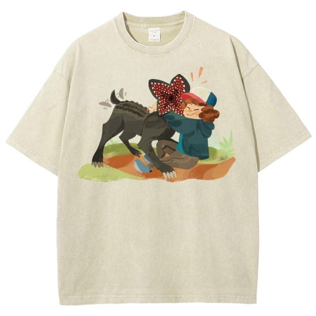 Playful Kid & Spiky Creature Graphic Washed T-Shirt