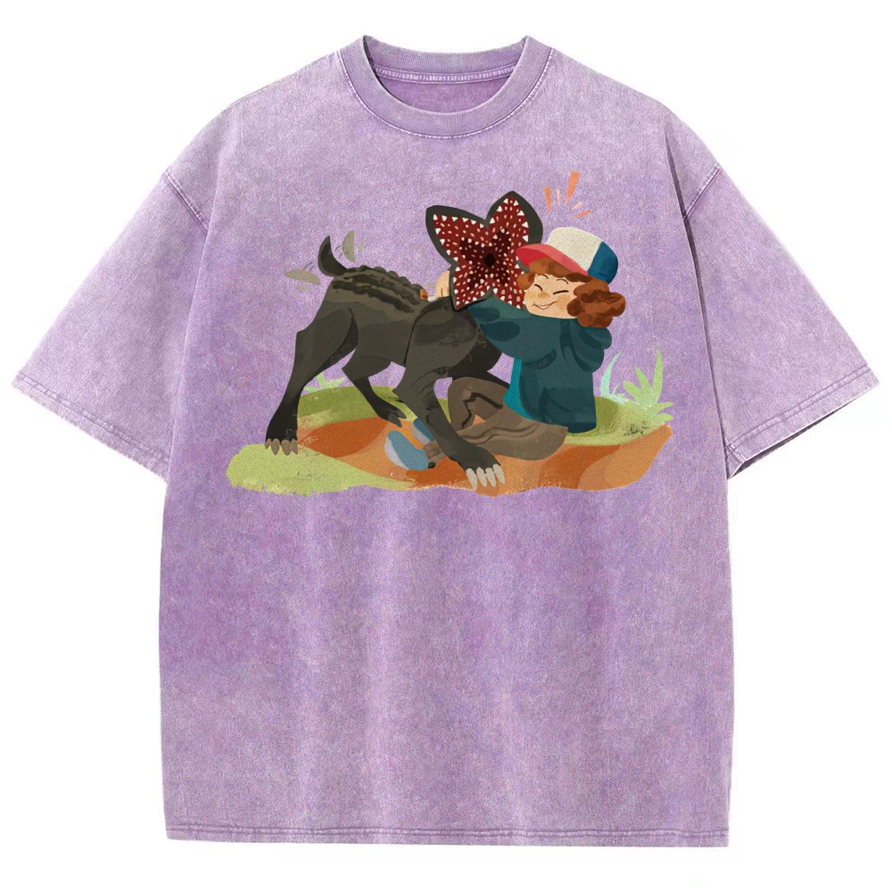 Playful Kid & Spiky Creature Graphic Washed T-Shirt
