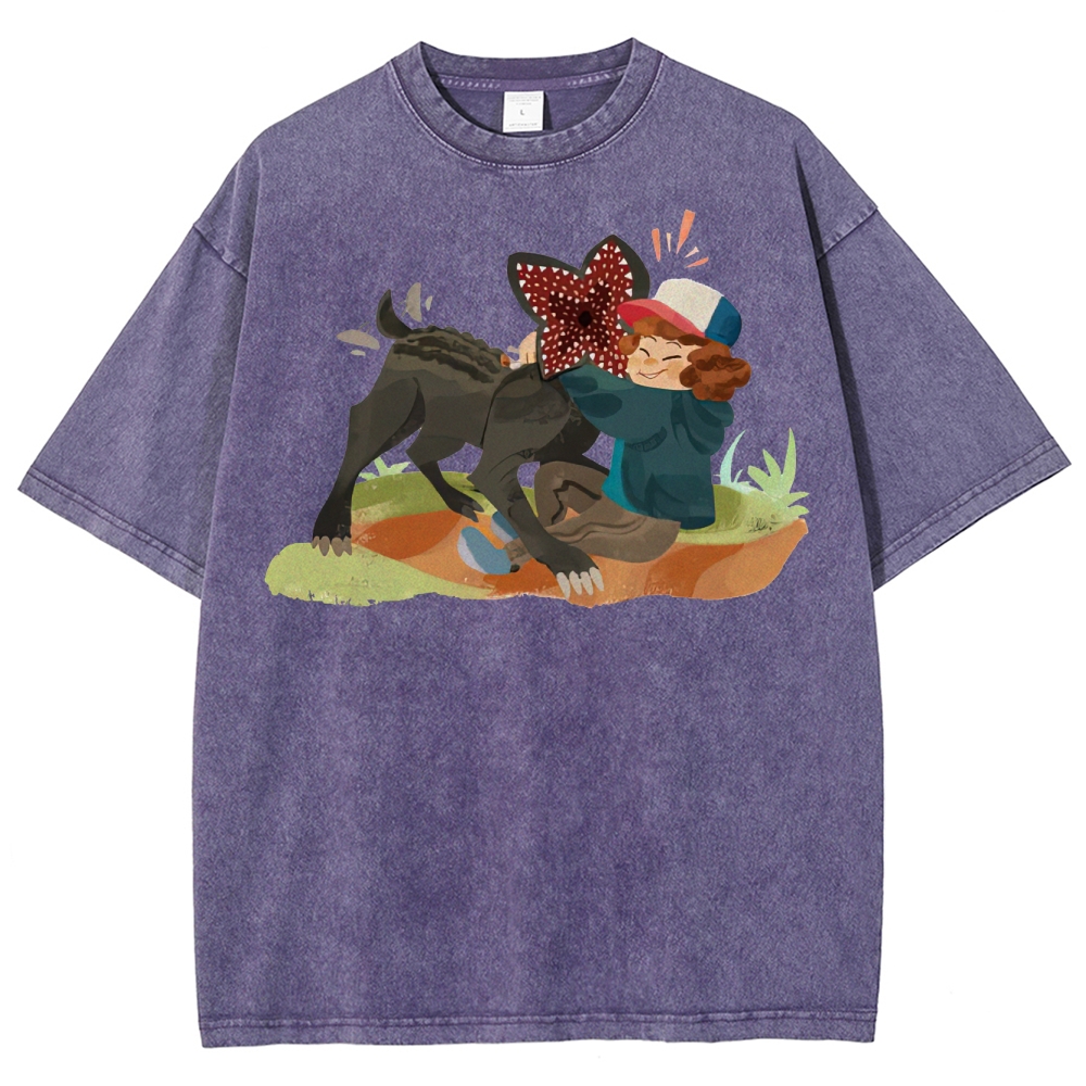 Playful Kid & Spiky Creature Graphic Washed T-Shirt