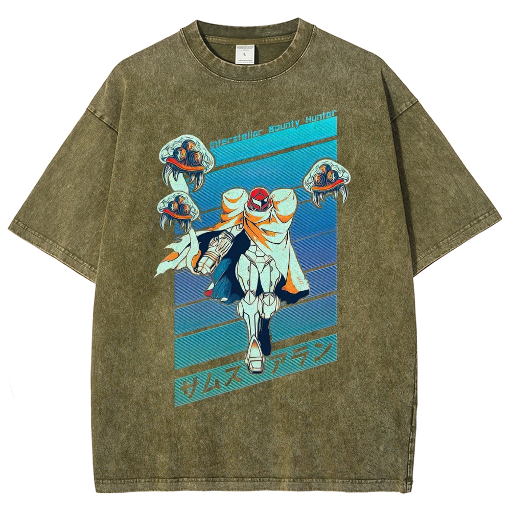Interstellar Bounty Hunter Armored Figure Graphic Washed T-Shirt