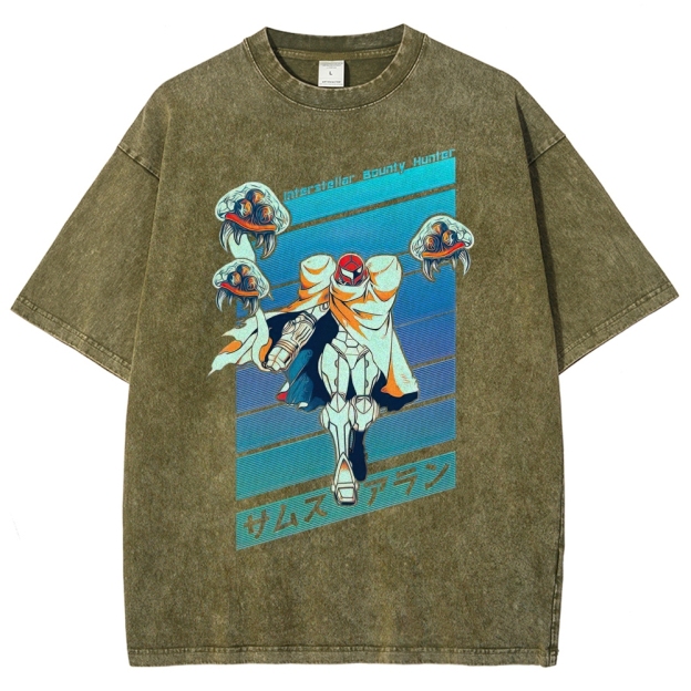 Interstellar Bounty Hunter Armored Figure Graphic Washed T-Shirt