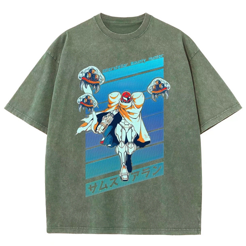 Interstellar Bounty Hunter Armored Figure Graphic Washed T-Shirt