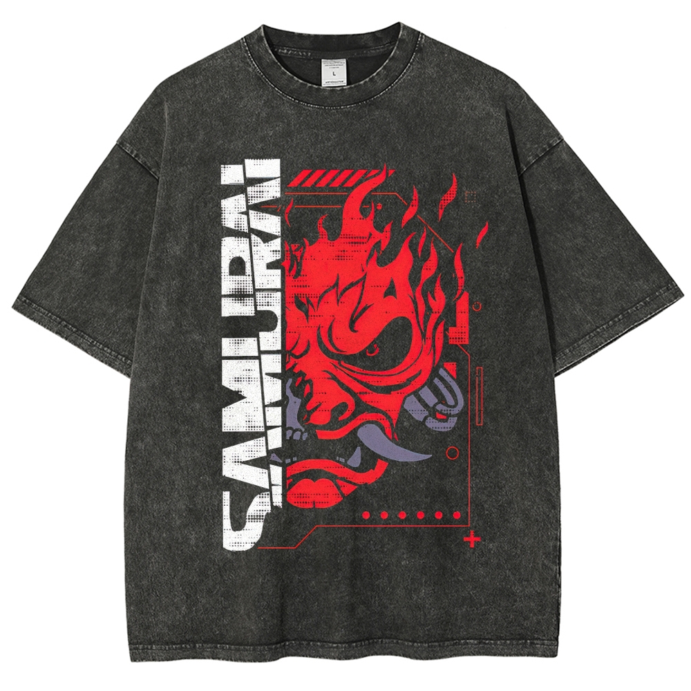 Flaming Samurai Mask Graphic Washed T-Shirt
