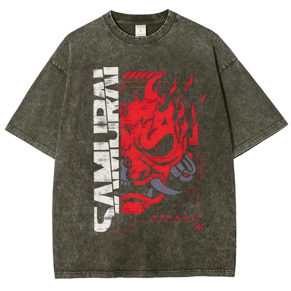 Flaming Samurai Mask Graphic Washed T-Shirt