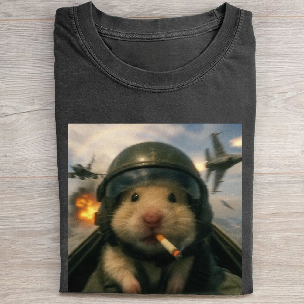 Combat Hamster Pilot Graphic Vintage Washed Tee