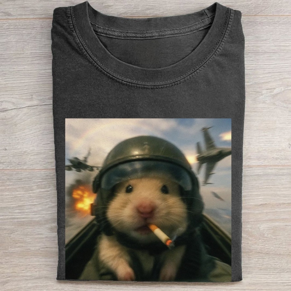 Combat Hamster Pilot Graphic Vintage Washed Tee