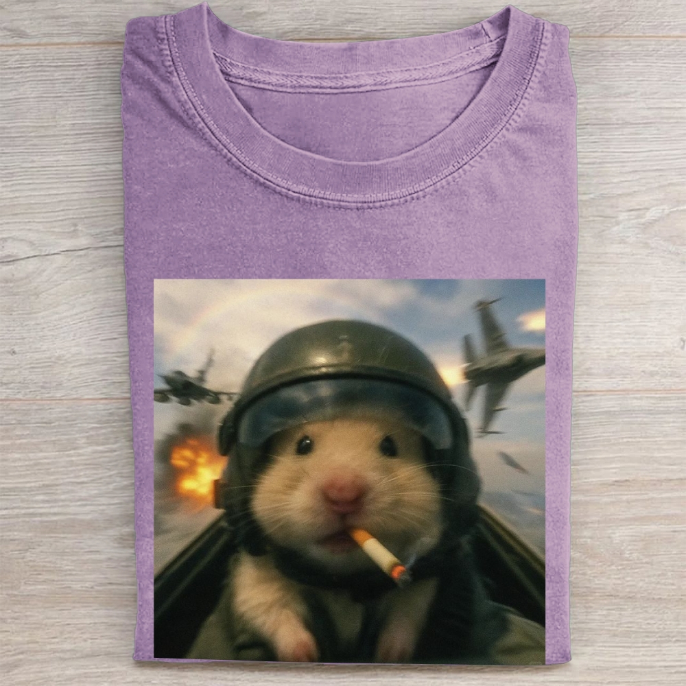 Combat Hamster Pilot Graphic Vintage Washed Tee