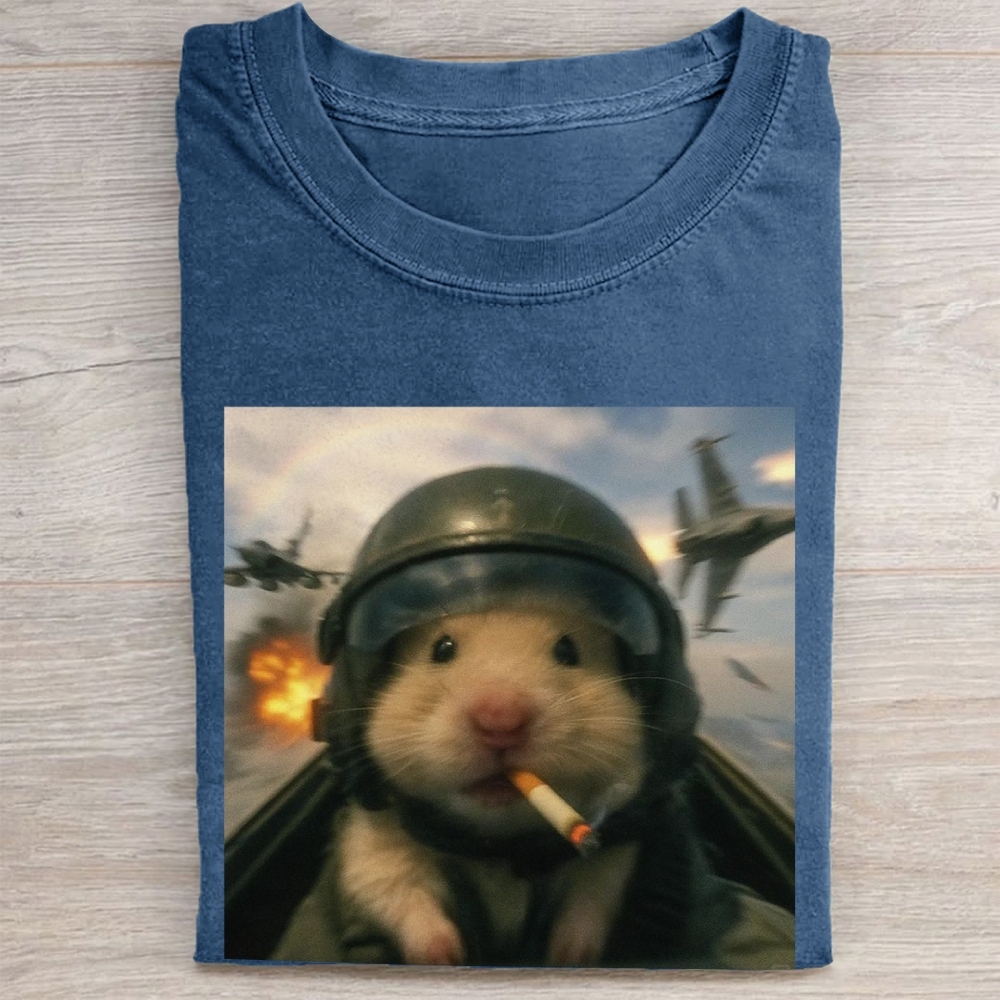 Combat Hamster Pilot Graphic Vintage Washed Tee