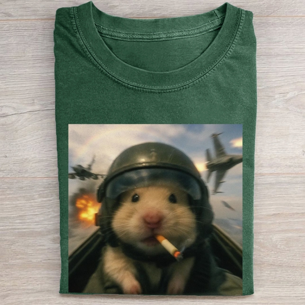Combat Hamster Pilot Graphic Vintage Washed Tee
