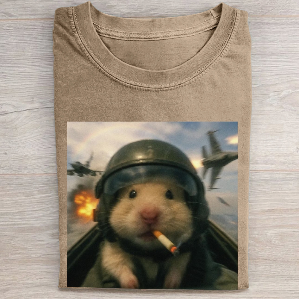 Combat Hamster Pilot Graphic Vintage Washed Tee