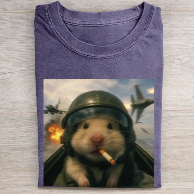 Combat Hamster Pilot Graphic Vintage Washed Tee