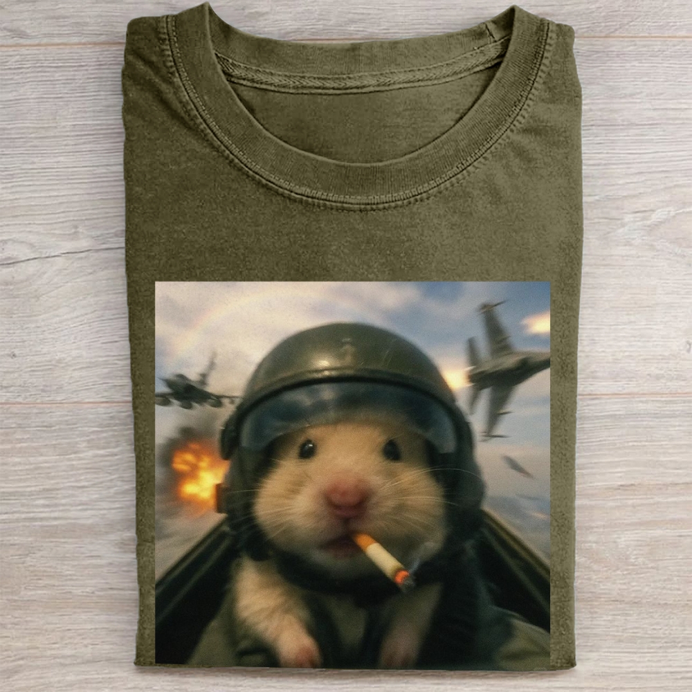 Combat Hamster Pilot Graphic Vintage Washed Tee