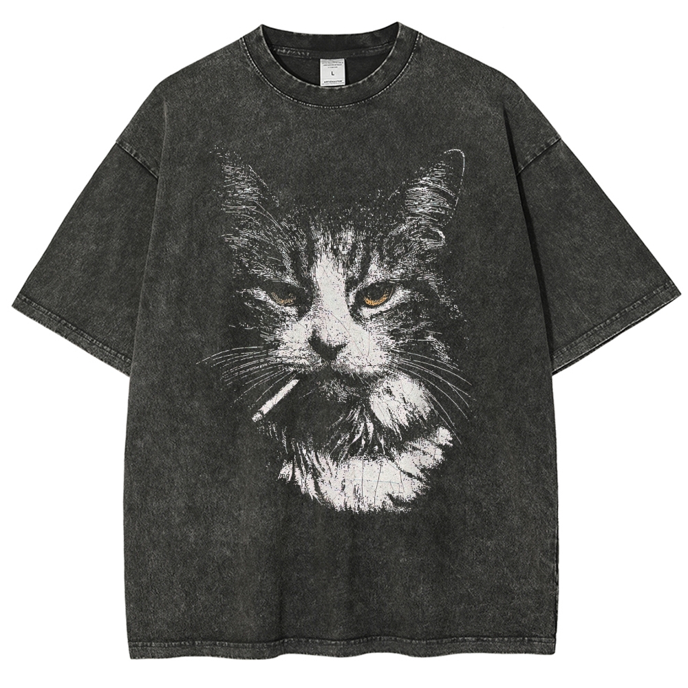 Smoking Tabby Cat Graphic Washed T-Shirt