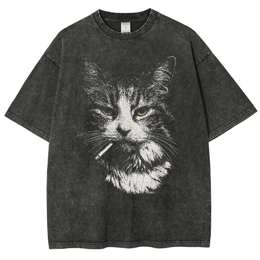 Smoking Tabby Cat Graphic Washed T-Shirt