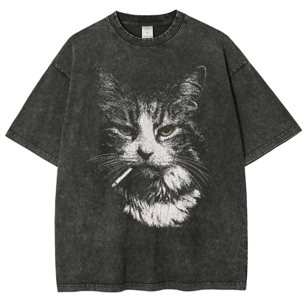 Smoking Tabby Cat Graphic Washed T-Shirt