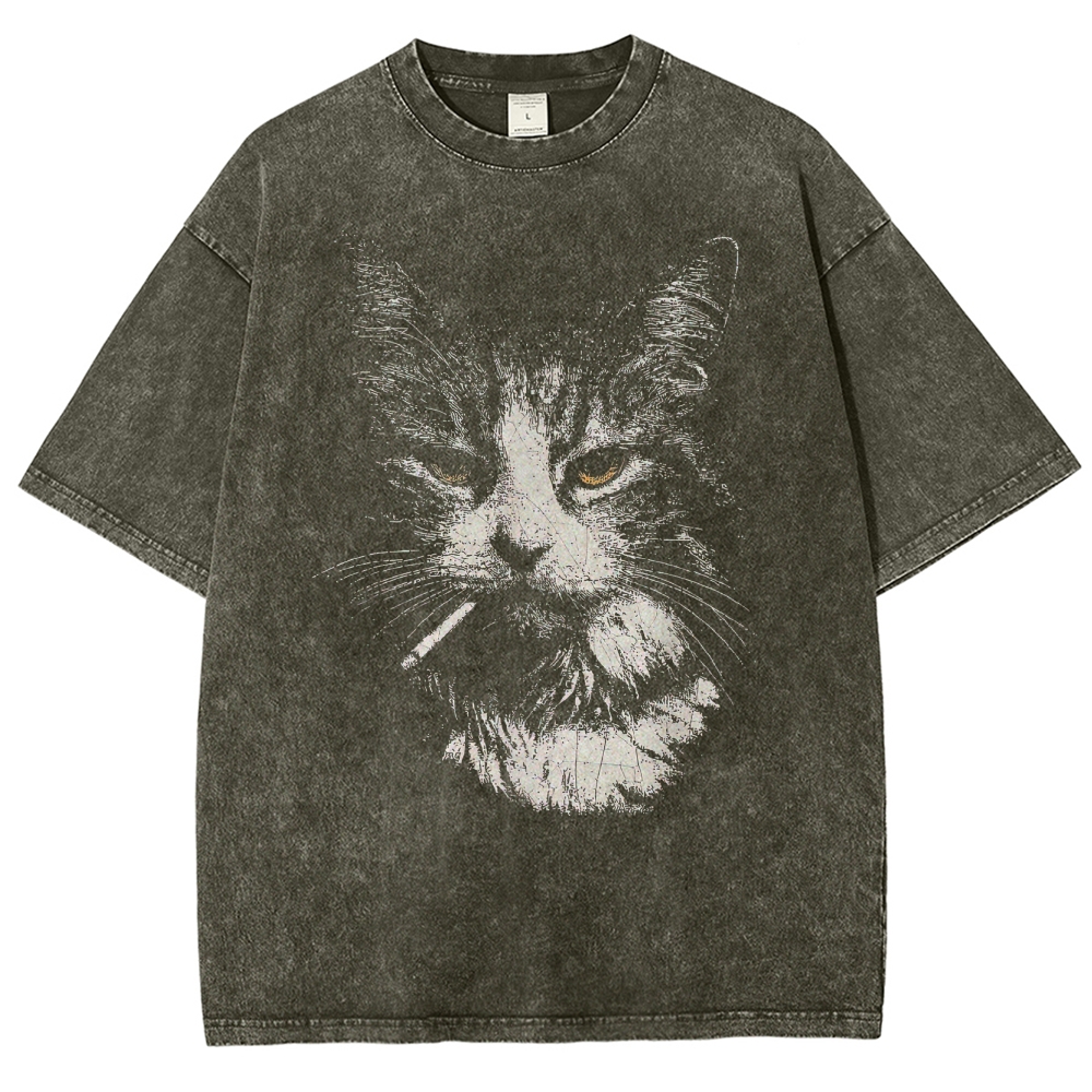 Smoking Tabby Cat Graphic Washed T-Shirt