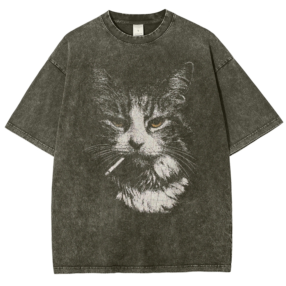 Smoking Tabby Cat Graphic Washed T-Shirt