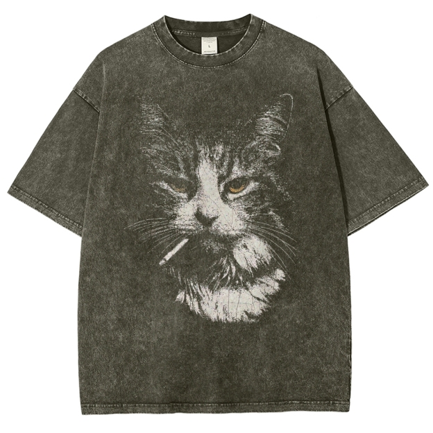 Smoking Tabby Cat Graphic Washed T-Shirt