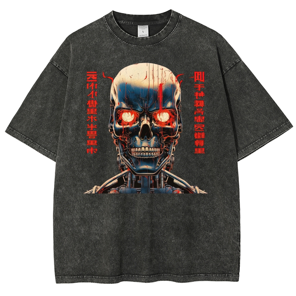 Cybernetic Skull with Coded Text Graphic Washed T-Shirt