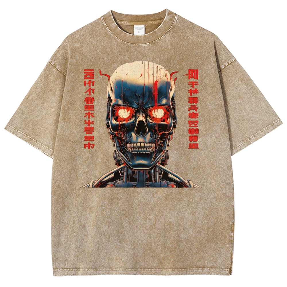 Cybernetic Skull with Coded Text Graphic Washed T-Shirt