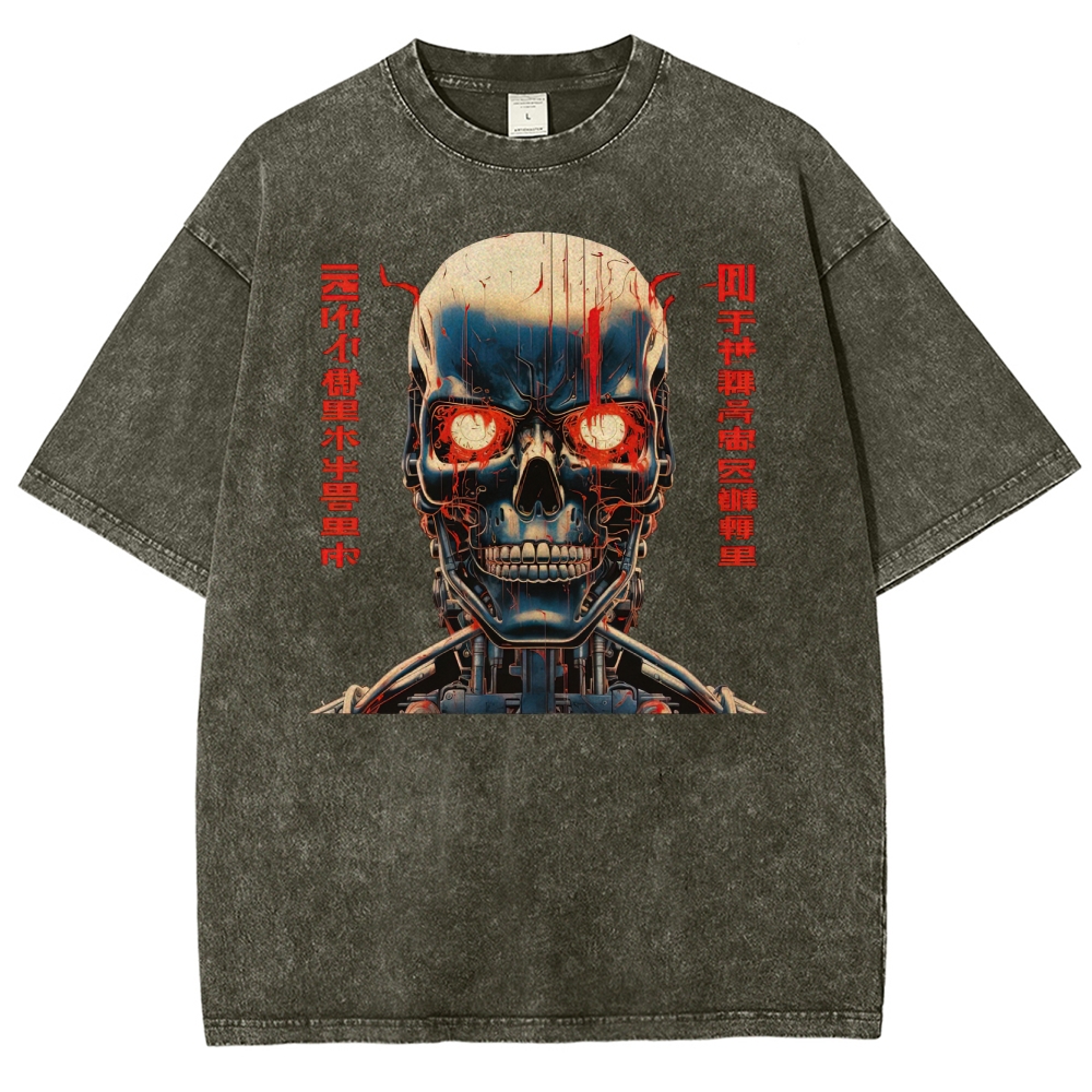 Cybernetic Skull with Coded Text Graphic Washed T-Shirt
