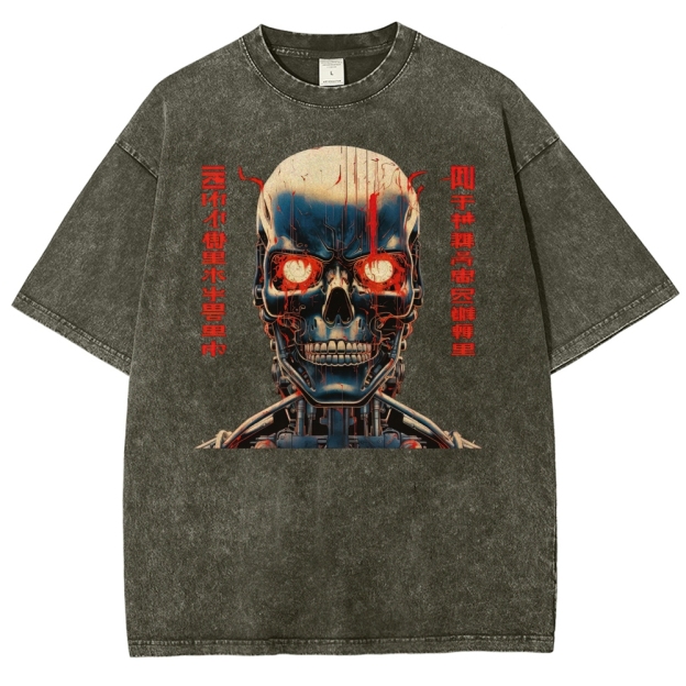 Cybernetic Skull with Coded Text Graphic Washed T-Shirt