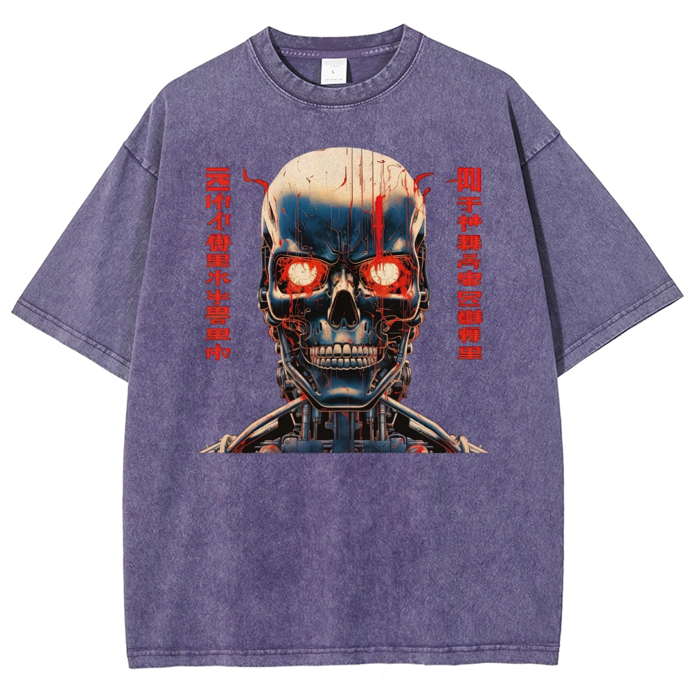 Cybernetic Skull with Coded Text Graphic Washed T-Shirt
