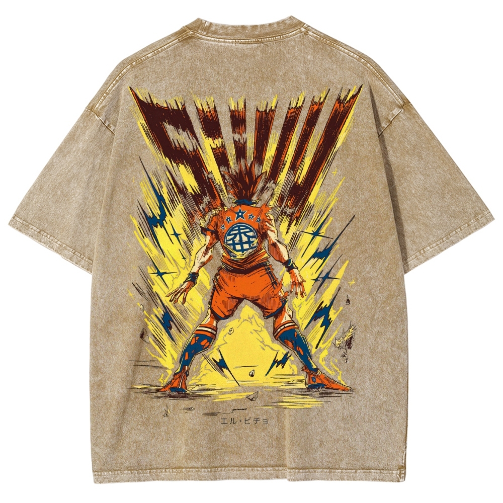 Super Warrior Power Burst Retro Anime Graphic Washed T-Shirt