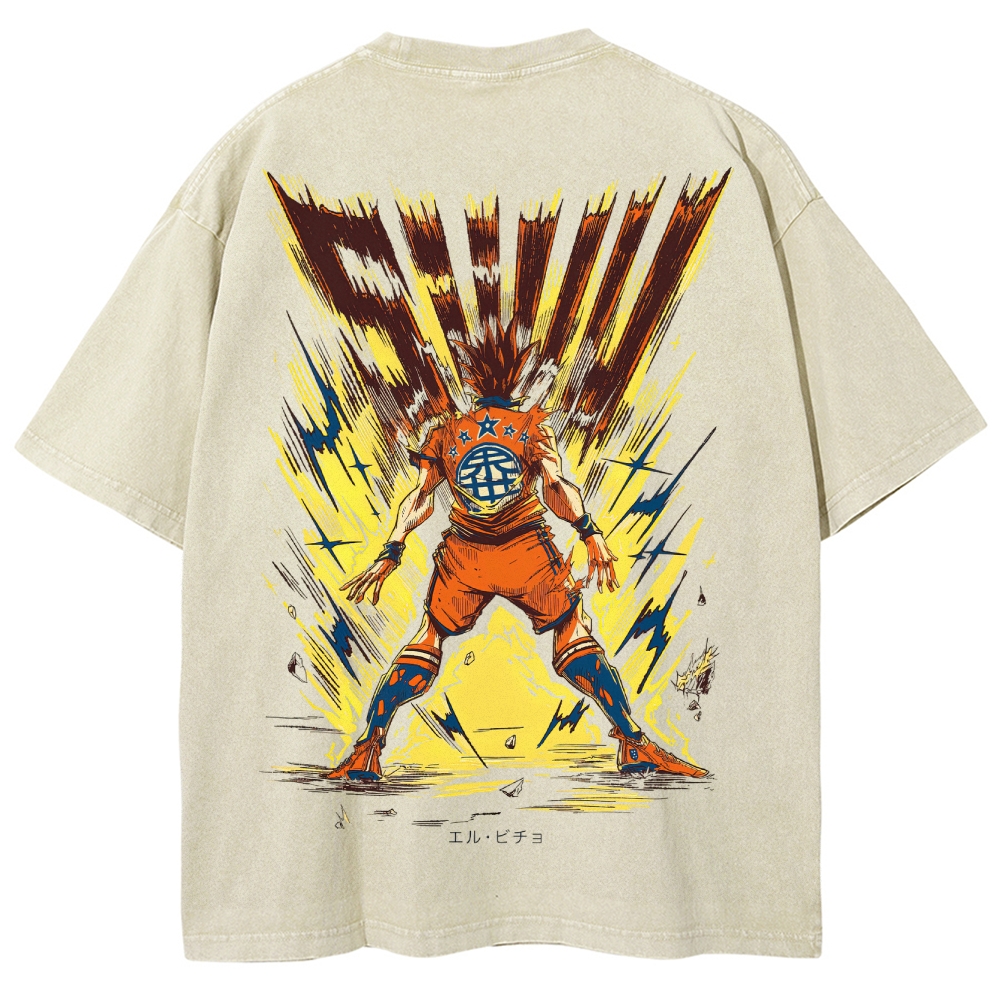 Super Warrior Power Burst Retro Anime Graphic Washed T-Shirt