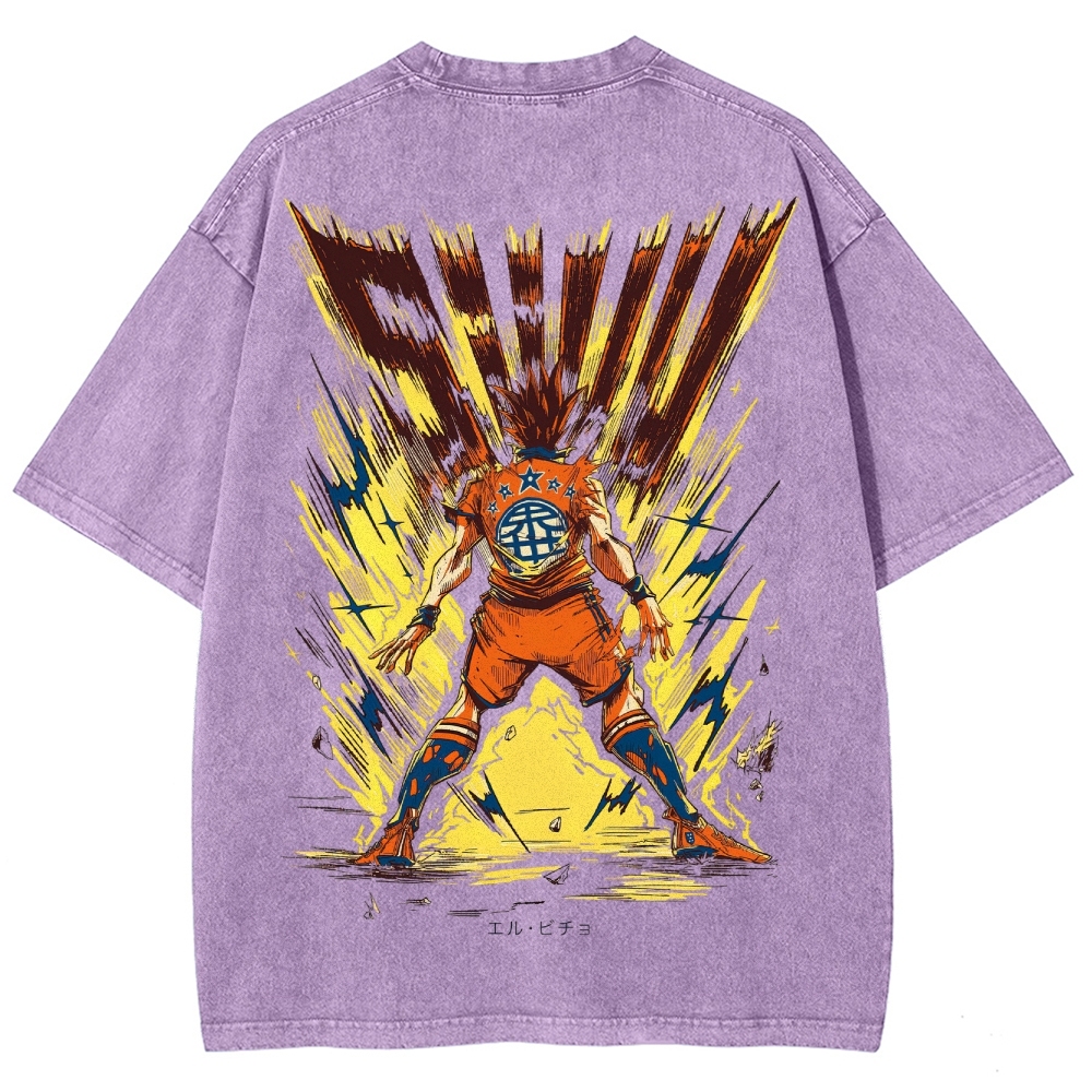 Super Warrior Power Burst Retro Anime Graphic Washed T-Shirt
