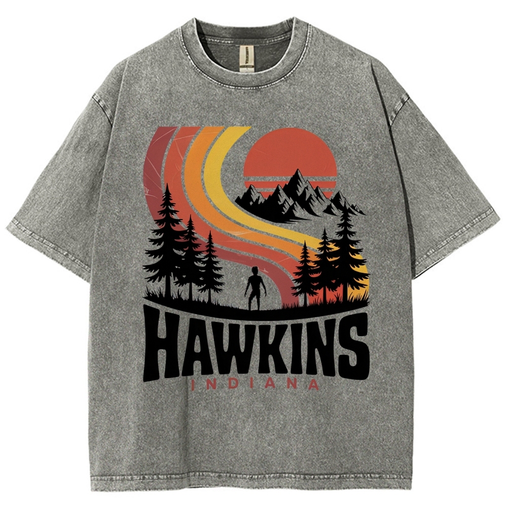 Hawkins Indiana Retro Sunset Washed T-Shirt