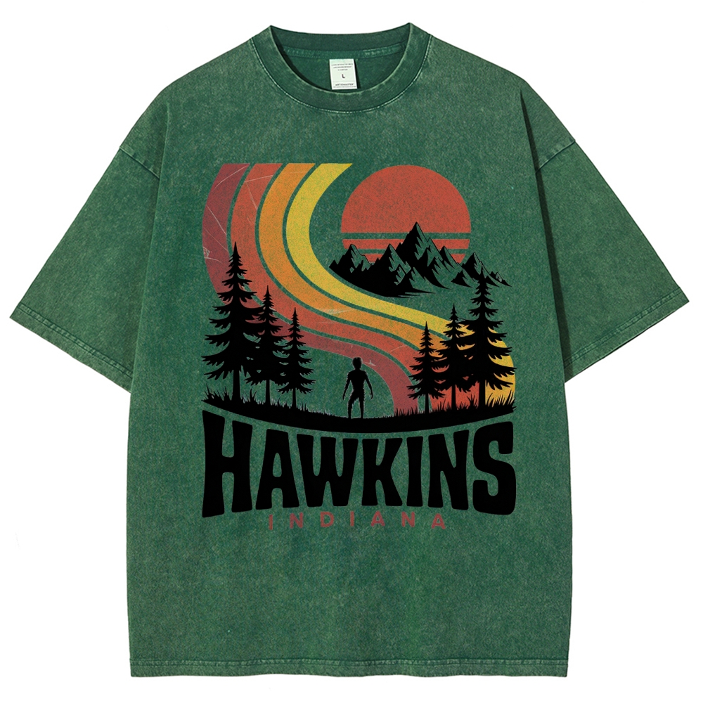 Hawkins Indiana Retro Sunset Washed T-Shirt