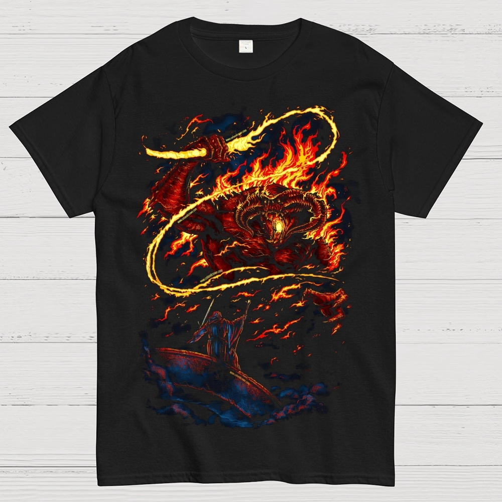 Epic Fire Demon vs Wizard Bridge Battle Graphic Cotton T-shirt