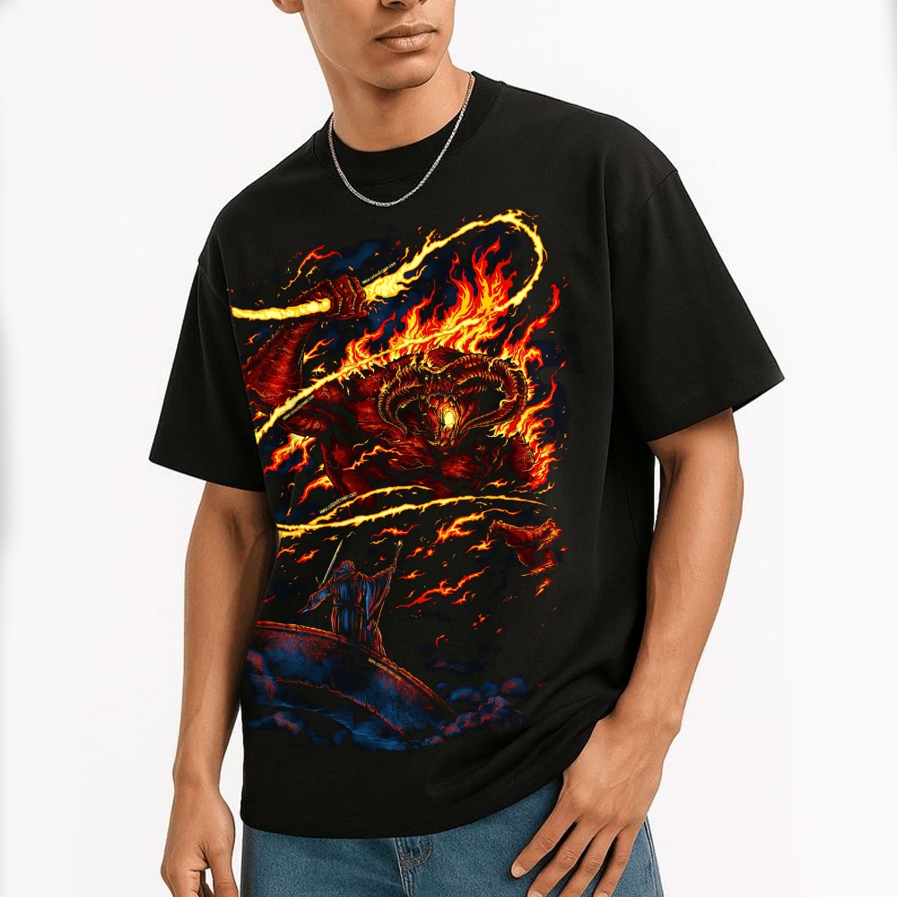 Epic Fire Demon vs Wizard Bridge Battle Graphic Cotton T-shirt 