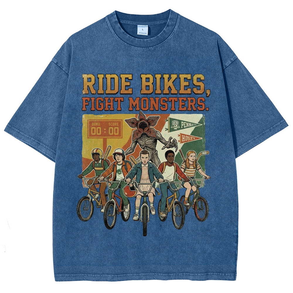 Ride Bikes Fight Monsters Hawkins Retro Washed T-Shirt