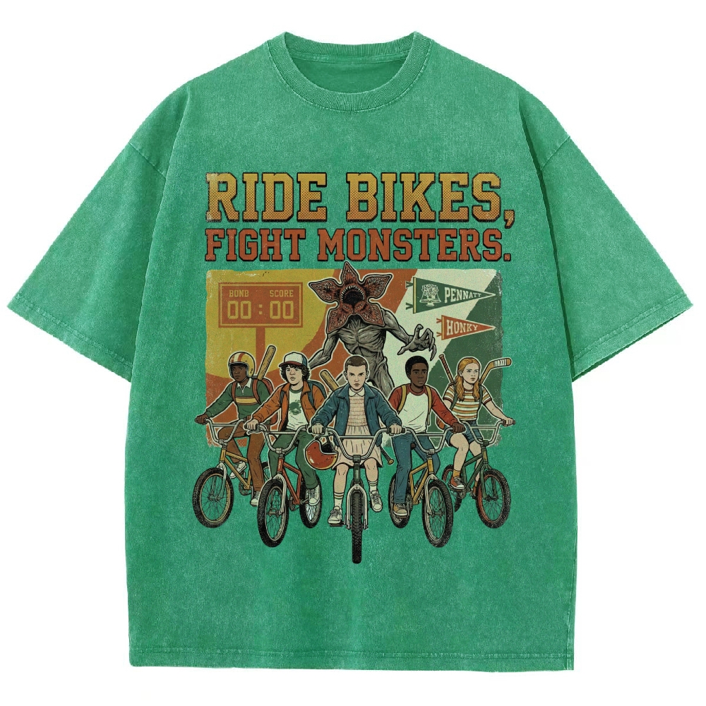 Ride Bikes Fight Monsters Hawkins Retro Washed T-Shirt