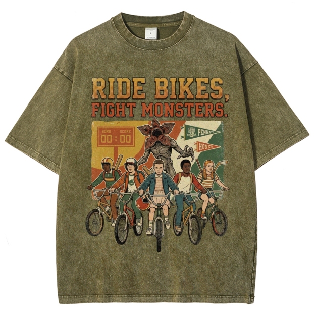 Ride Bikes Fight Monsters Hawkins Retro Washed T-Shirt