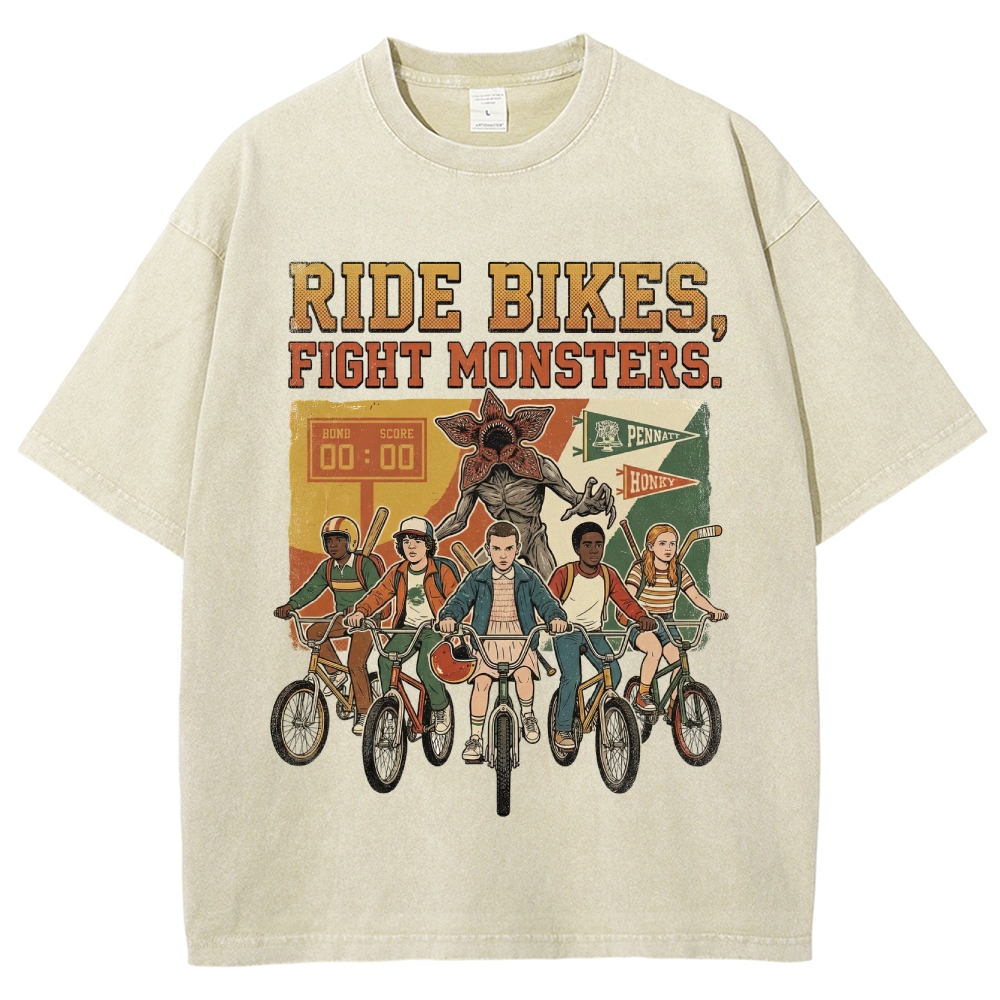 Ride Bikes Fight Monsters Hawkins Retro Washed T-Shirt